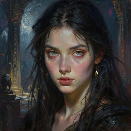 Digital painting of a melancholic young woman with pale skin, dark hair, green eyes, and red eyeliner, set in a dimly lit,