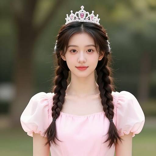 Photograph of an Asian woman with fair skin, black braided hair, wearing a silver tiara and pink dress, standing in a green park.