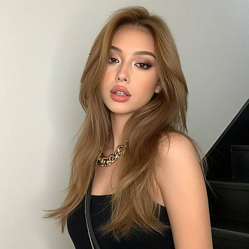 Photograph of a young woman with long, wavy brown hair, wearing a black tank top, gold necklace, and subtle makeup, standing against a