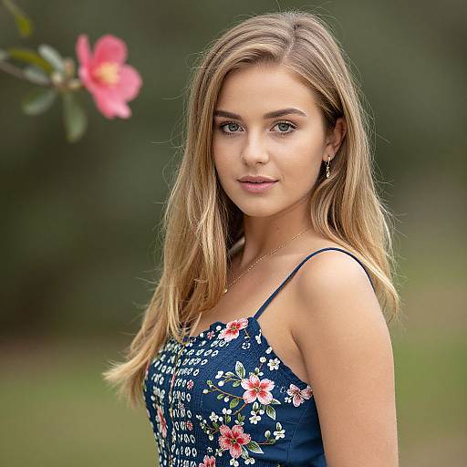 Photograph of a blonde woman with light skin, wearing a blue floral dress, standing outdoors with a blurred pink flower in the background.