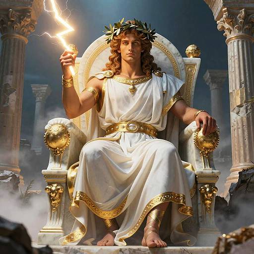 Digital artwork of a muscular, long-haired man with a laurel wreath, holding a lightning bolt, seated on a golden throne in a classical ruin