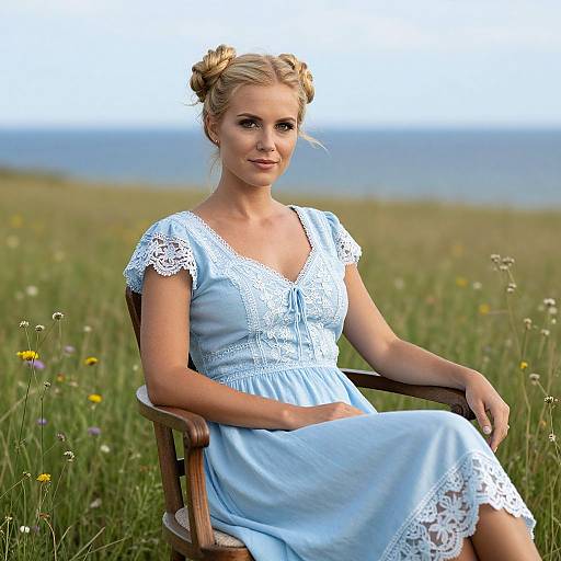 Photograph of a blonde woman with braided hair, wearing a light blue lace dress, seated in a wooden chair in a grassy field with wild