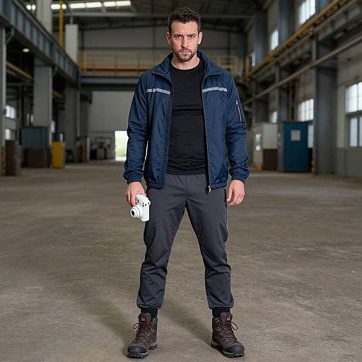 Photograph of a serious, muscular man with short dark hair and beard, wearing a navy jacket, black shirt, pants, and boots, holding a