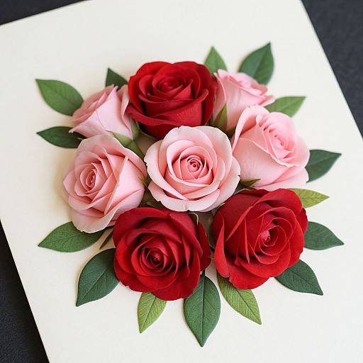 Photograph of a bouquet featuring red and pink roses with green leaves on a white background, showcasing vibrant colors and detailed textures.