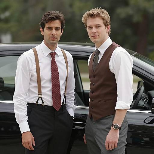 Two Men in Formal Attire Standing by Black Car