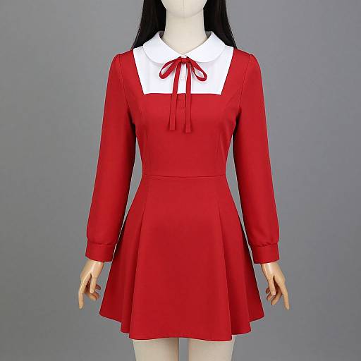 Photograph of a headless, long-haired mannequin wearing a bright red dress with a white Peter Pan collar and red ribbon bow. Gray background