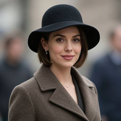 Photograph of a smiling woman with short brown hair, wearing a black hat, brown wool coat, and small earrings, against a blurred urban background.