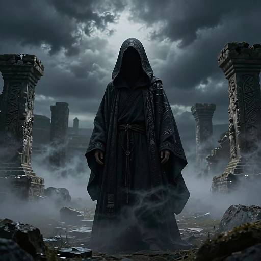 Mysterious robed figure with hooded face stands in foggy, ruined ancient temple under stormy, moonlit sky; dark, ominous atmosphere.