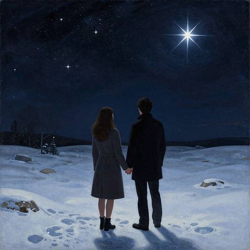 A digital painting of a couple holding hands, standing in a snow-covered field at night, gazing at a bright starry sky.