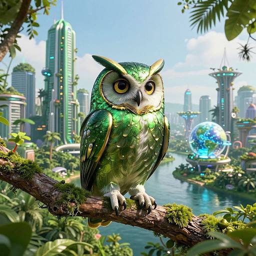 CGI image of a vibrant, green-feathered owl perched on a mossy branch, overlooking a futuristic, lush cityscape with skyscrap