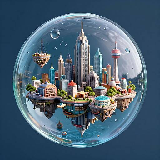 Digital artwork of a futuristic cityscape inside a transparent bubble, featuring floating skyscrapers, colorful buildings, and reflective water, set against a dark blue