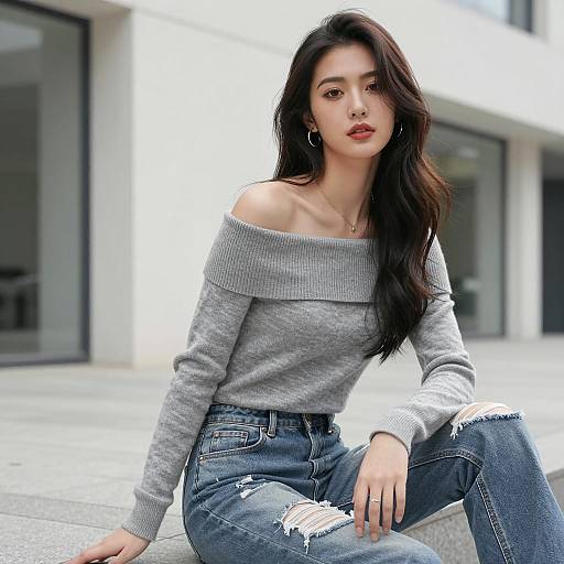 Stylish Young Woman in Gray Sweater and Distressed Jeans