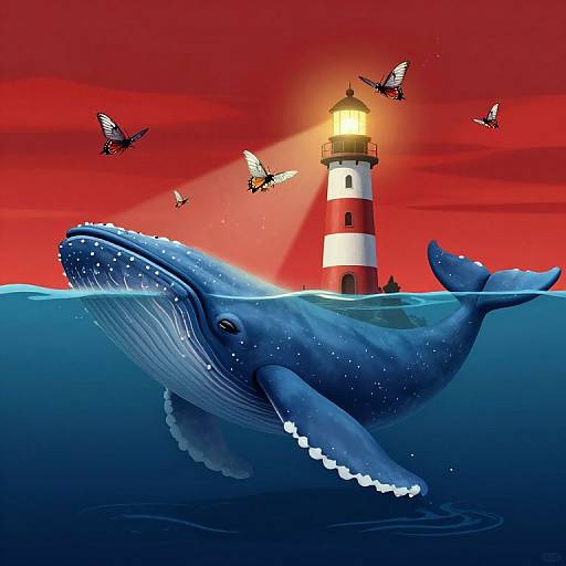 Digital artwork: A blue whale swims beneath a red-and-white lighthouse, illuminated by its light, with butterflies flying against a vibrant red sunset sky.