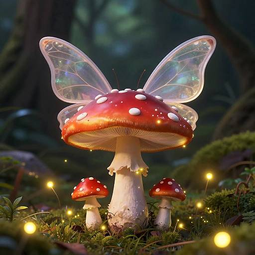 Photograph of a glowing, red-spotted mushroom with translucent, iridescent fairy wings, surrounded by smaller mushrooms and fairy lights in a dark,