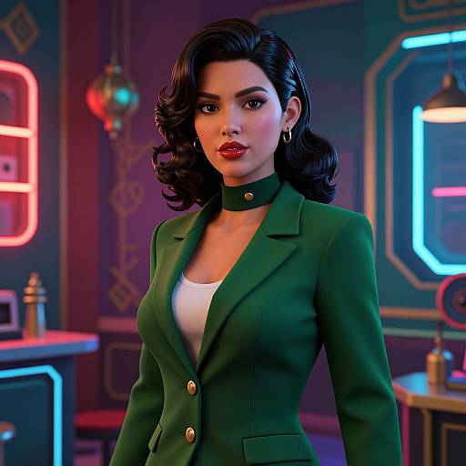 Digital artwork of a confident woman with dark wavy hair, green blazer, white tank top, and choker, standing in a neon-lit