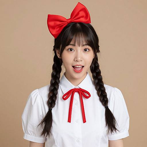 Photograph of an Asian girl with black braided hair, wearing a white shirt with a red ribbon and large red bow, smiling against a beige background