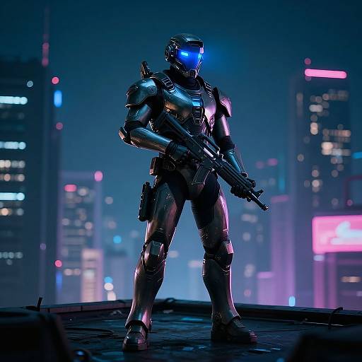 CGI image of a futuristic, armored warrior with glowing blue visor, holding a gun, standing in a neon-lit, cyberpunk cityscape