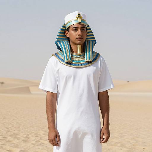 Photograph of a young man with dark skin, wearing an Egyptian-style headdress and white tunic, standing in a sandy desert.