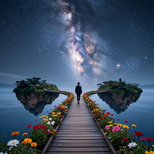 Digital artwork: Silhouetted figure walks on wooden plank bridge, flanked by floating cliff islands, amidst vibrant flowers, under Milky Way galaxy.
