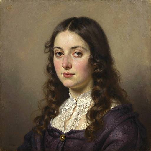 Photorealistic oil painting of a young woman with long, wavy brown hair, pale skin, and brown eyes, wearing a white lace collar and
