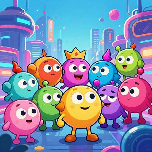 Vibrant digital illustration of colorful, cartoon alien-like characters with large eyes and smiles, standing in a neon-lit, futuristic cityscape.