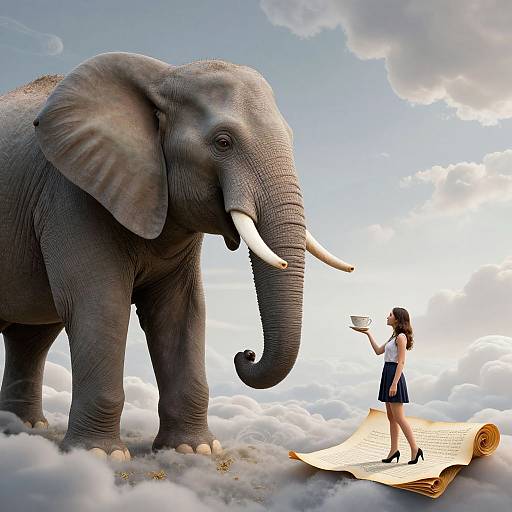 Photograph-like digital art of a woman in a blue dress and black heels standing on a scroll, offering it to a large, majestic elephant amidst fluffy