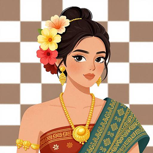 Digital illustration of a smiling Asian woman with black hair in an updo, adorned with yellow and red flowers, wearing a green and gold sari,
