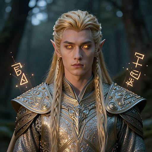 Digital artwork of a blonde, elf-like male with glowing amber eyes, intricate silver armor, and long braids, standing in a dark forest with mystical