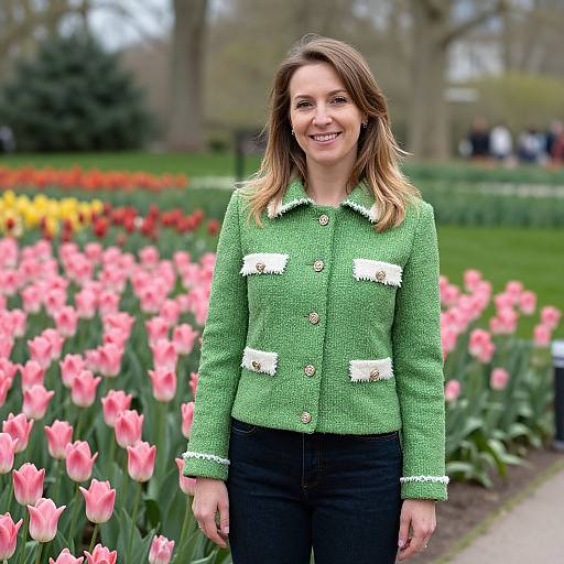 Woman in Green Jacket Among Tulips