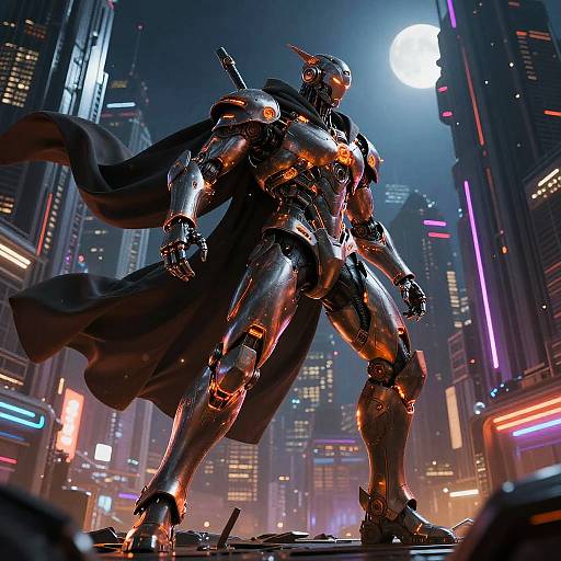 CGI image of a muscular, armored, metallic superhero with a black cape standing in a neon-lit, futuristic cityscape at night.