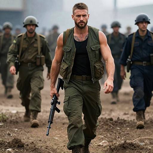 Muscular Soldier in Tactical Gear with Rifle