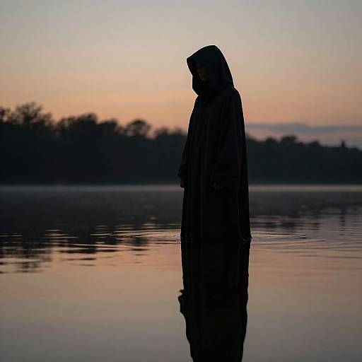 Silhouetted woman in hooded cloak standing in calm water at sunset, with a blurred tree line and pink-orange sky in the background. Photograph