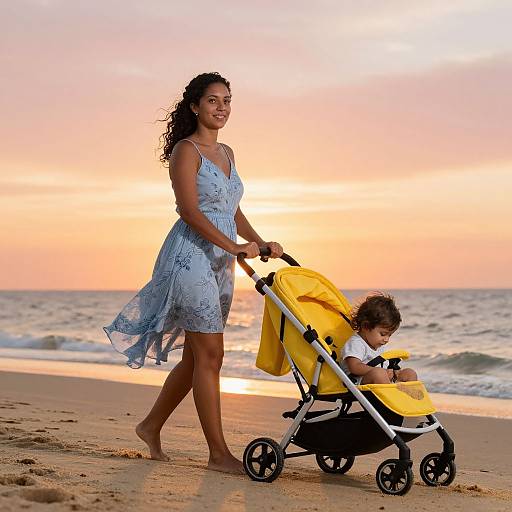 Photograph of a smiling Latina woman in a blue sundress, pushing a yellow stroller with a curly-haired toddler on a sunset beach.