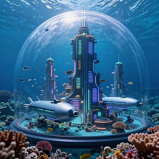 Photorealistic digital artwork of a futuristic underwater cityscape encased in a glass dome, surrounded by colorful coral reefs, fish, and two submarines,