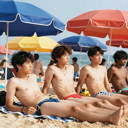 Boys in Bikinis Under Beach Umbrellas