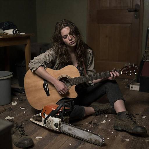 Disheveled Woman Playing Guitar on Wooden Floor