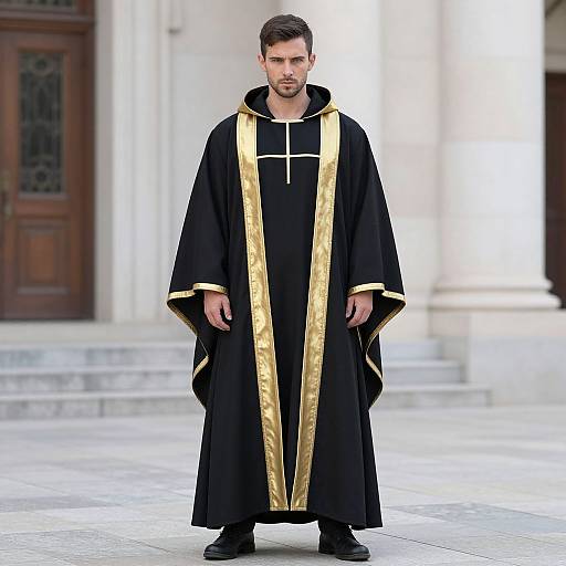 Photograph of a serious-looking Caucasian man with short brown hair, wearing a black clerical robe with gold trim and a cross, standing in front of
