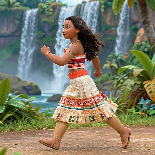 Digital artwork of a brown-skinned girl with long black hair, wearing a red and white tribal dress, running in a lush tropical forest with a waterfall