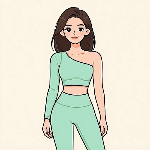 Digital drawing of a smiling young woman with straight black hair, wearing a mint green, one-shoulder crop top and matching high-waisted pants