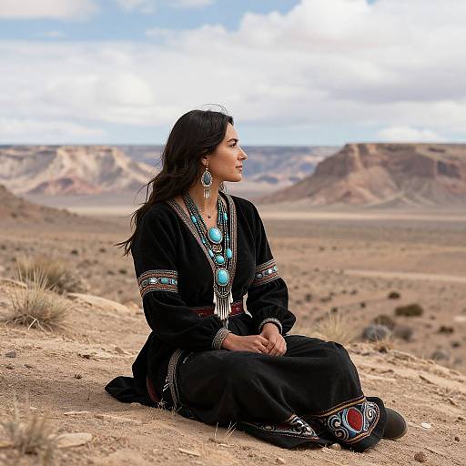 Photograph of a smiling woman with long dark hair, wearing a black embroidered dress and turquoise jewelry, sitting on a desert hill with mountains in the background