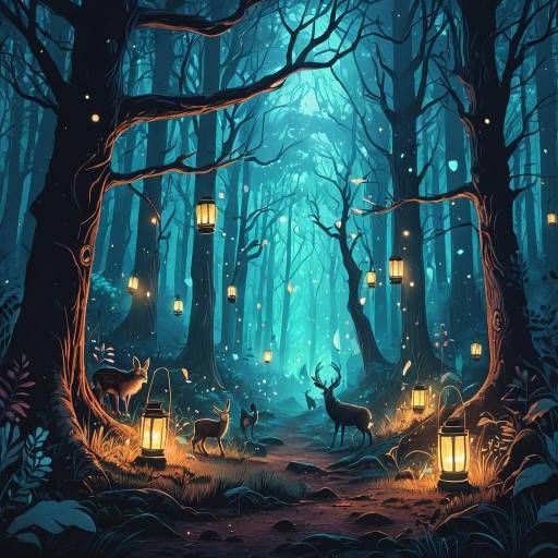 Mystical Woodland Creatures in Lantern Lit Forest Mystical Woodland Creatures in Lantern Lit Forest
