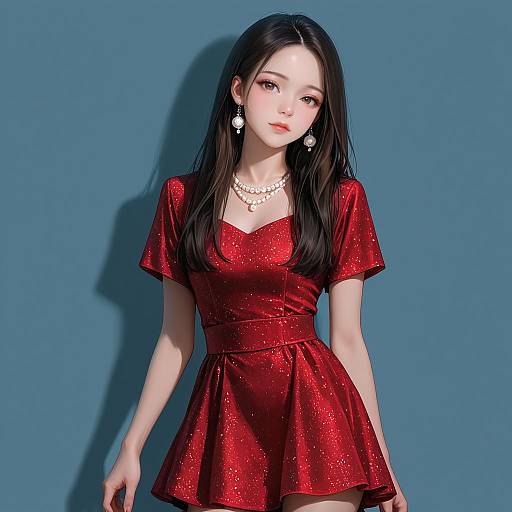 Asian Woman in Red Sparkling Dress with Pearl Jewelry