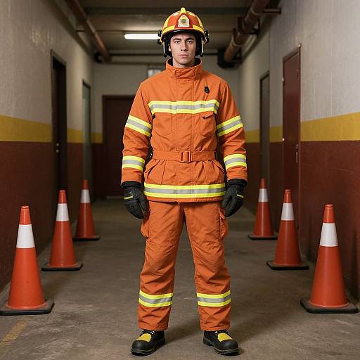 Photograph of a male firefighter in orange uniform with yellow stripes, black gloves, and helmet, standing in a narrow corridor with orange traffic cones.