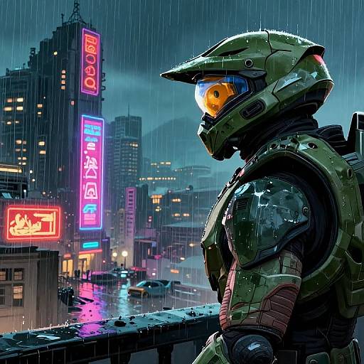 Digital artwork of a futuristic armored soldier in a rainy neon-lit cityscape, staring at the glowing 