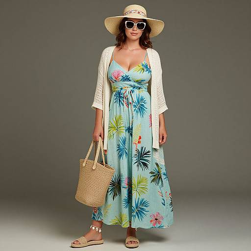 Photograph of a woman in a blue floral sundress, white lace cardigan, straw hat, sunglasses, and woven handbag, standing against a