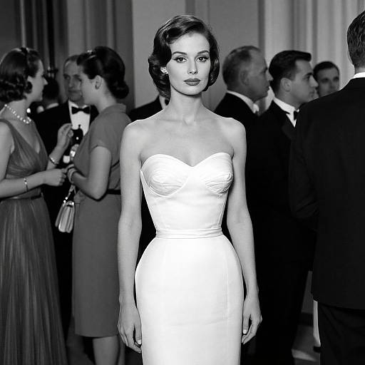 Black-and-white photograph of a beautiful woman in a strapless, form-fitting white gown standing in a formal event, surrounded by elegantly dressed guests