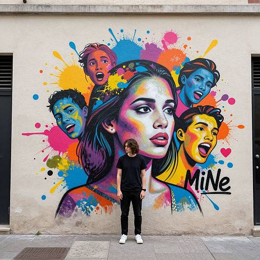 Photograph of a street artist standing in front of a vibrant graffiti mural featuring four colorful, exaggerated portraits of smiling faces, with the word 