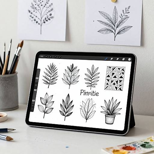 Photograph of a black tablet displaying digital plant illustrations, leaning on a white desk with art supplies and two drawn plants on the wall behind.
