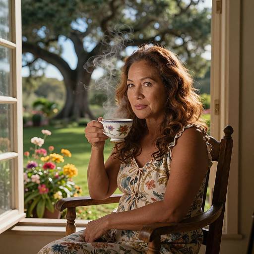 Photograph of a middle-aged woman with wavy brown hair, floral dress, sitting by a sunlit window, sipping tea, with a garden