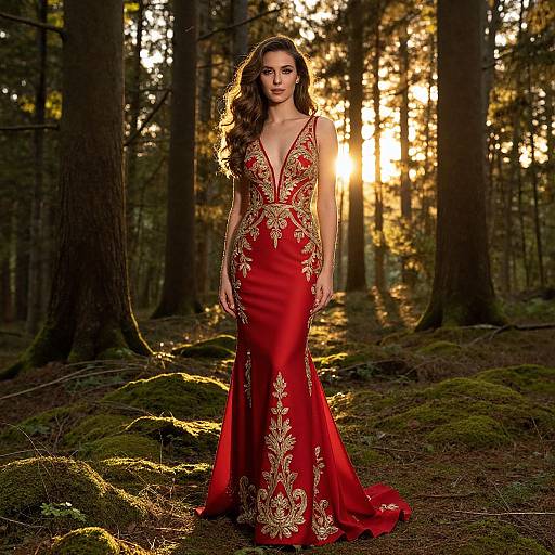 Photograph of a brunette woman in a deep red, gold-embroidered, V-neck gown standing in a sunlit forest, surrounded by tall